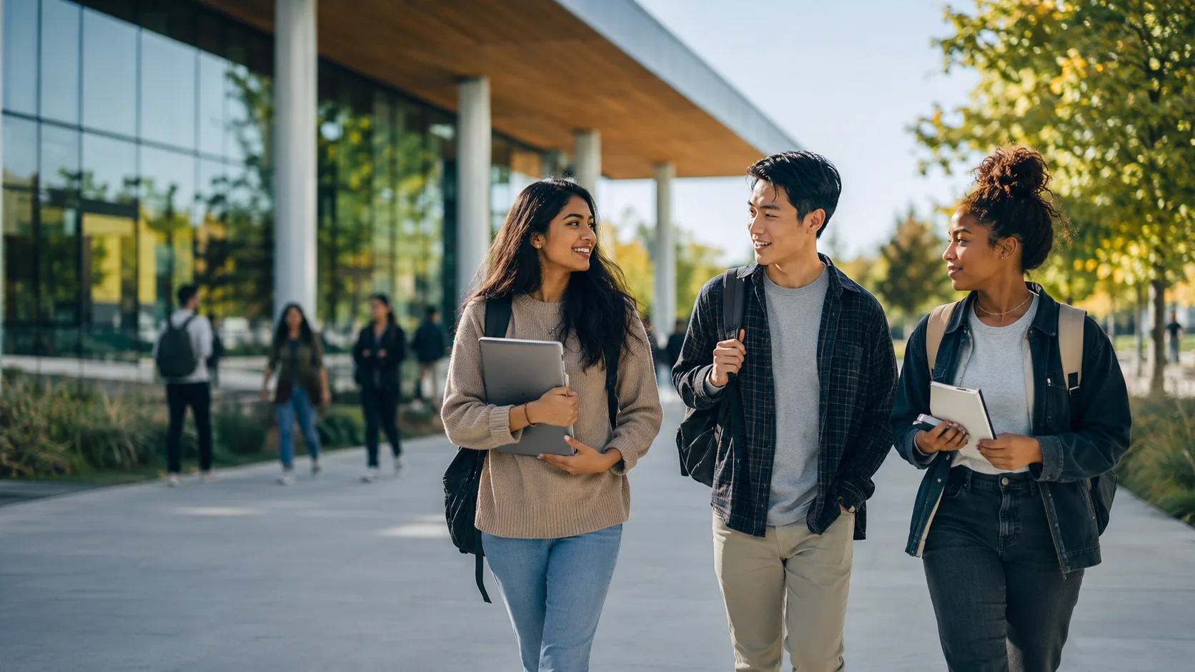 International students walking together outside a Canadian campus building