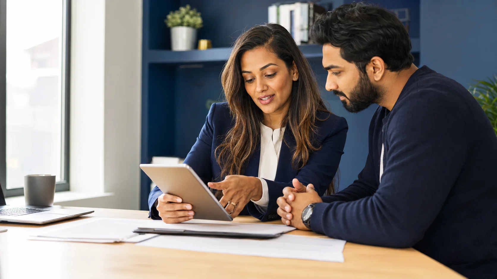 Professional discussing planning information with a couple at a table