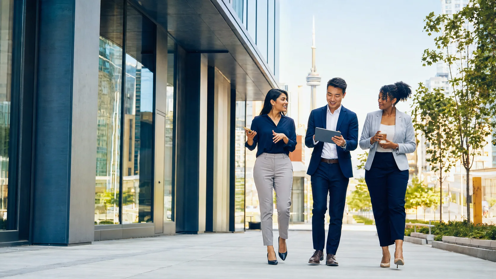 Skilled professionals walking together in downtown Toronto