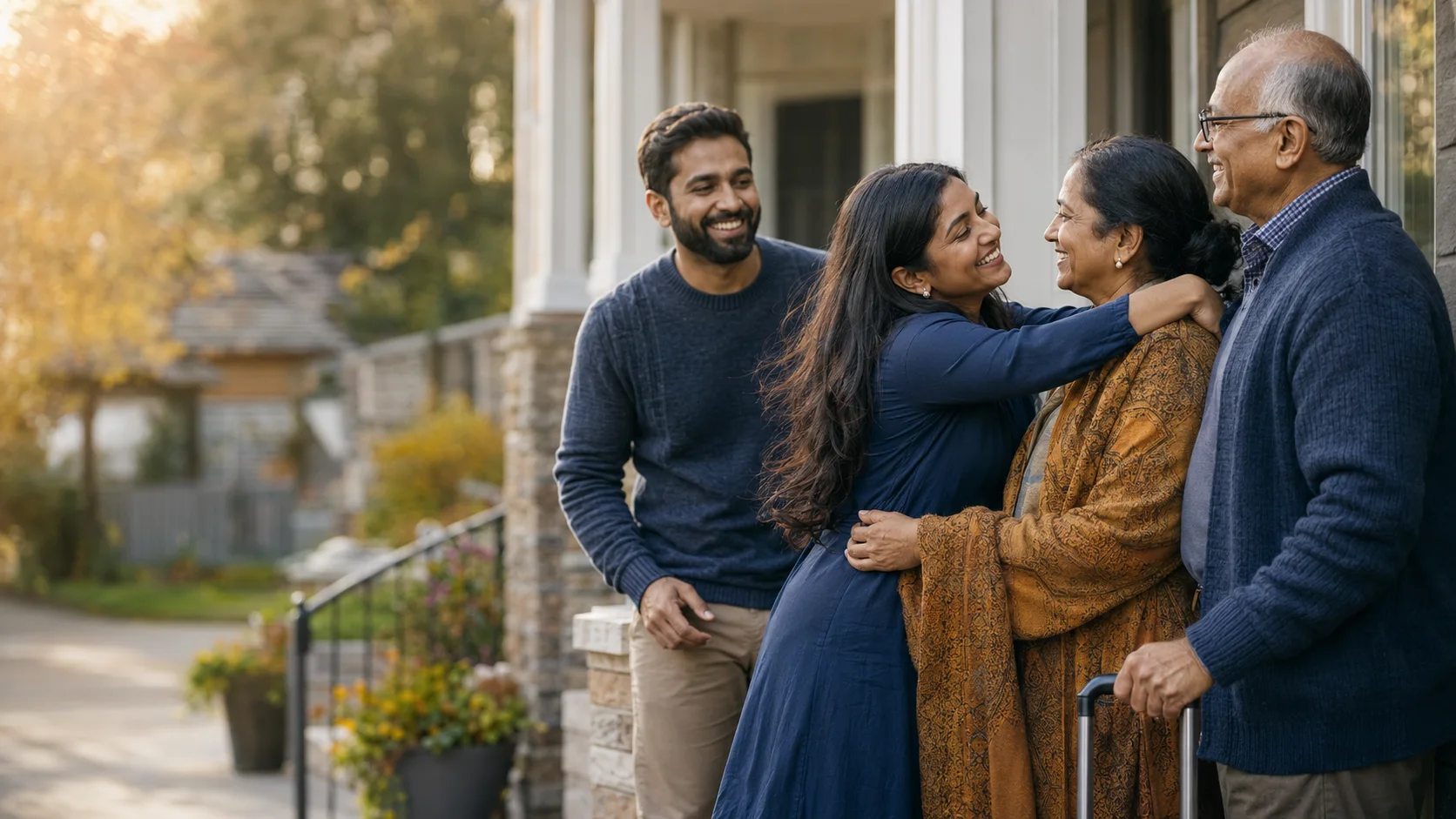 Multigenerational family greeting one another outside a Canadian home