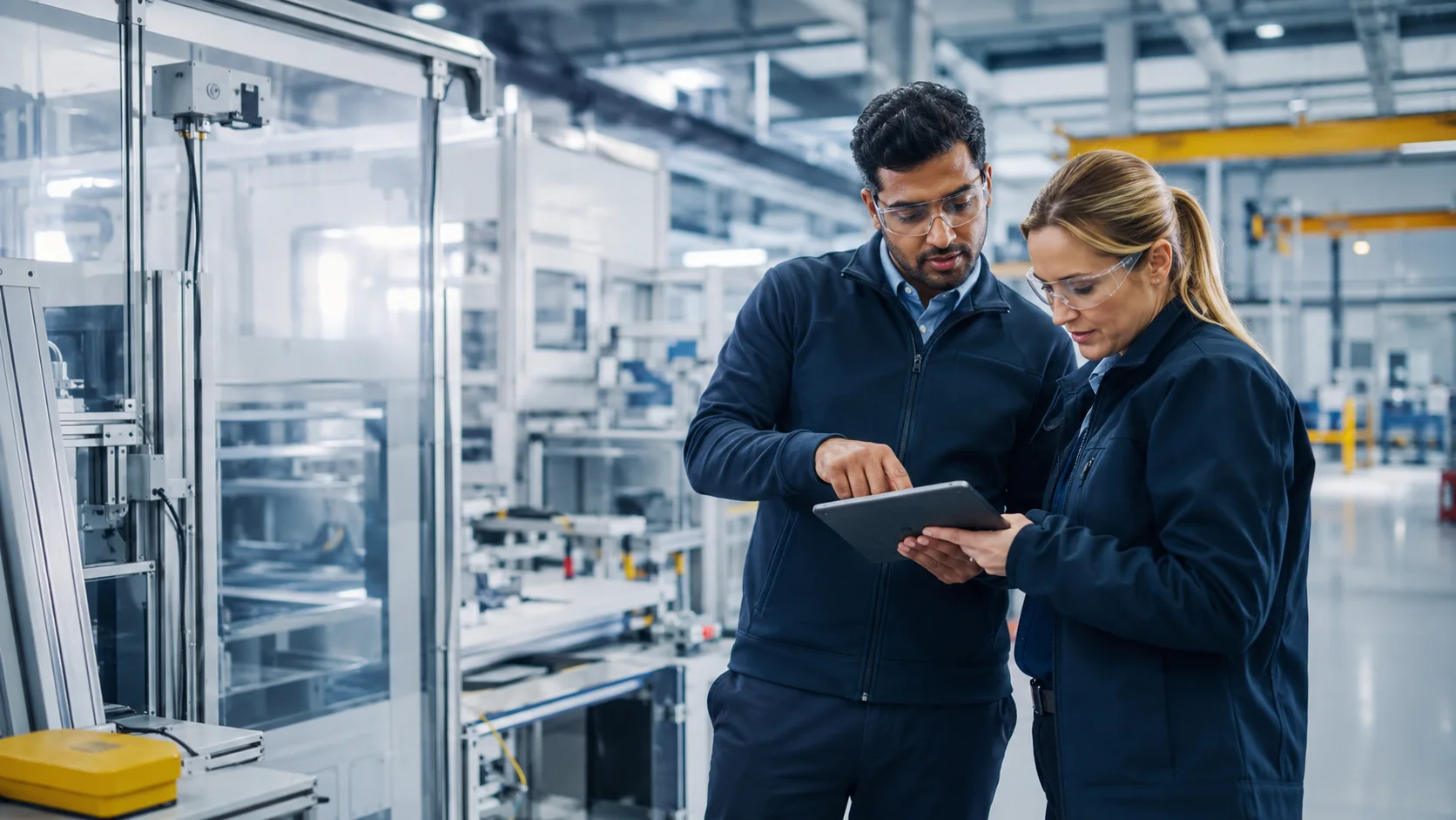 Skilled workers reviewing a tablet in a modern manufacturing facility