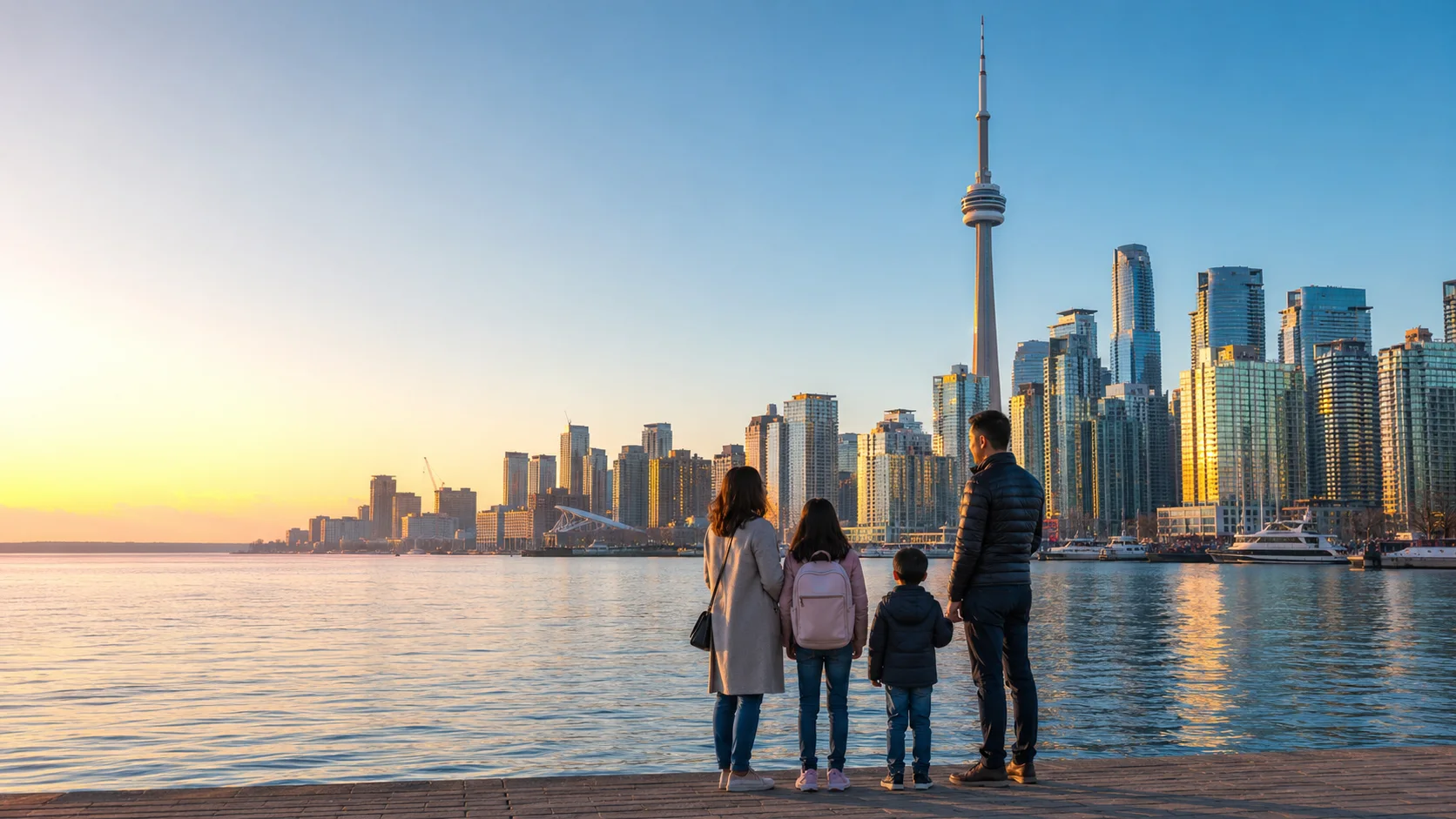 Toronto skyline across the waterfront at sunset